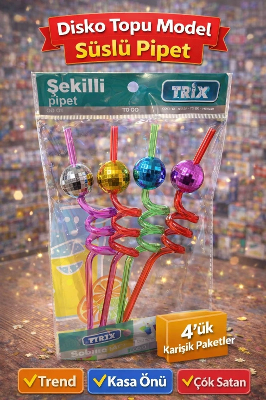 4LÜ DİSKO TOPLU PİPET SETİ FİGÜRLÜ / 12Lİ PAKET